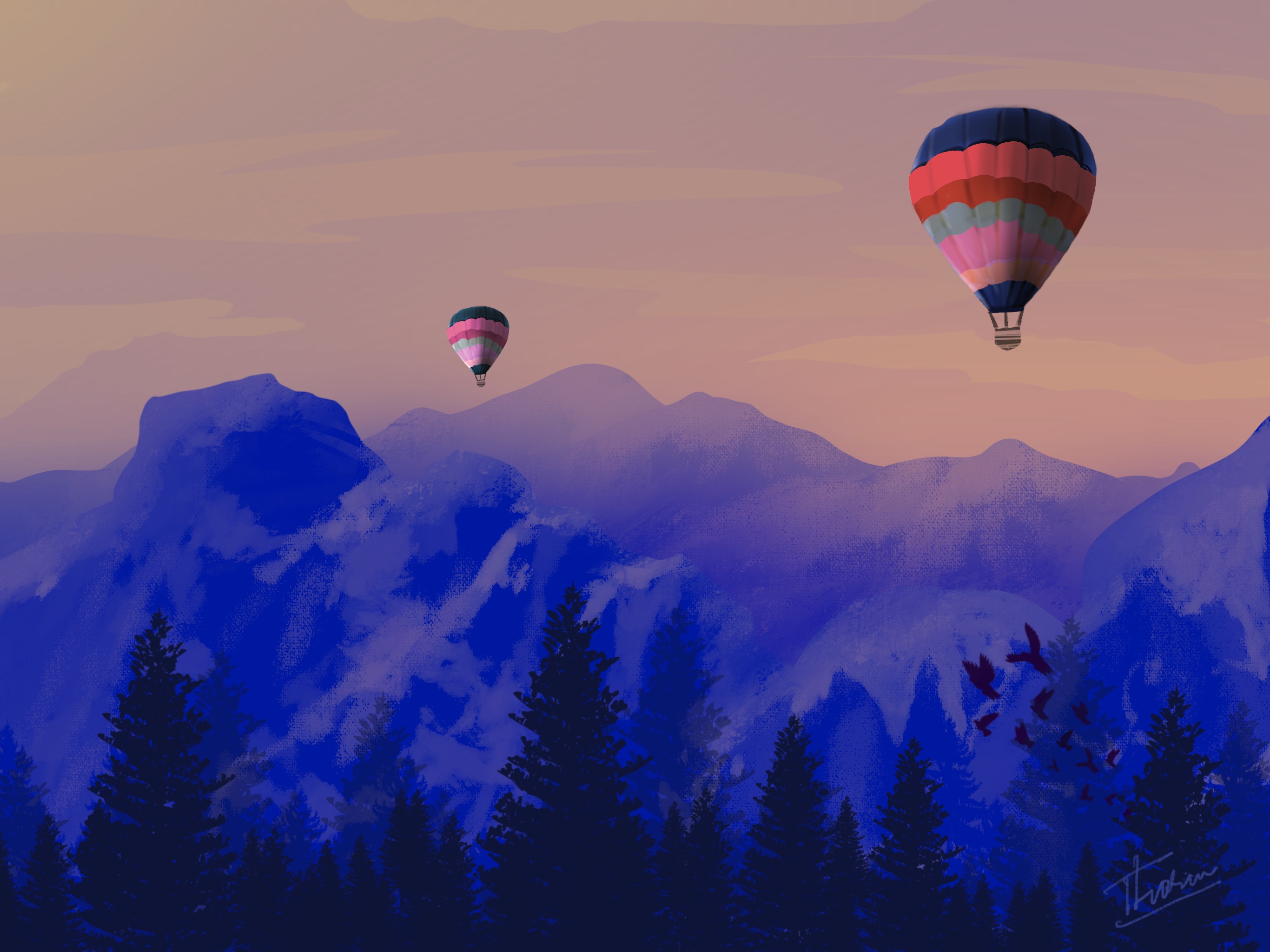 Hot air balloon illustration over mountains by Tharun Josh